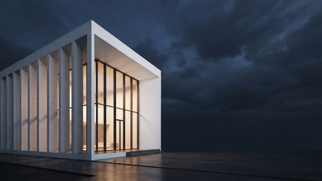 Modern white building at dusk with warm interior light
