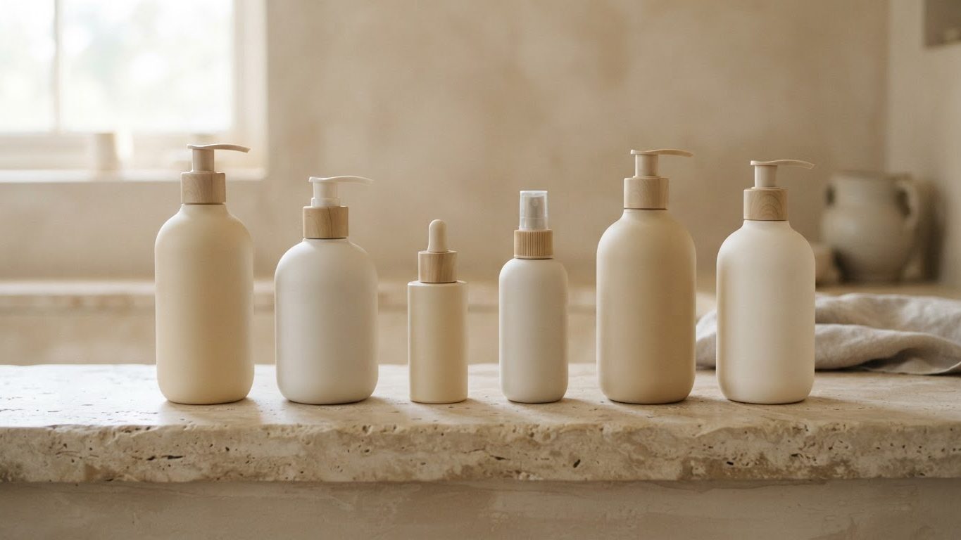 Hair care and body care bottles lined up on stone