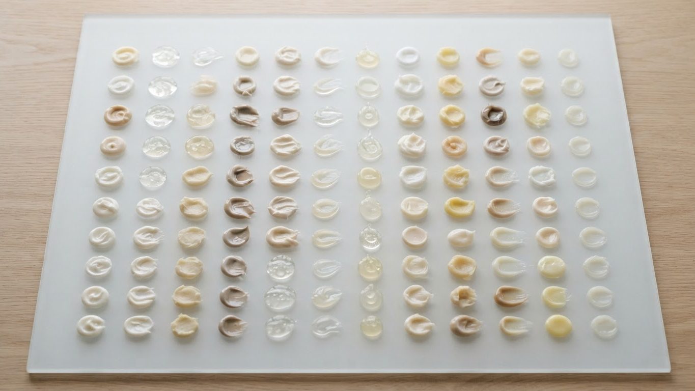 Rows of cosmetic cream, gel and serum texture swatches on glass