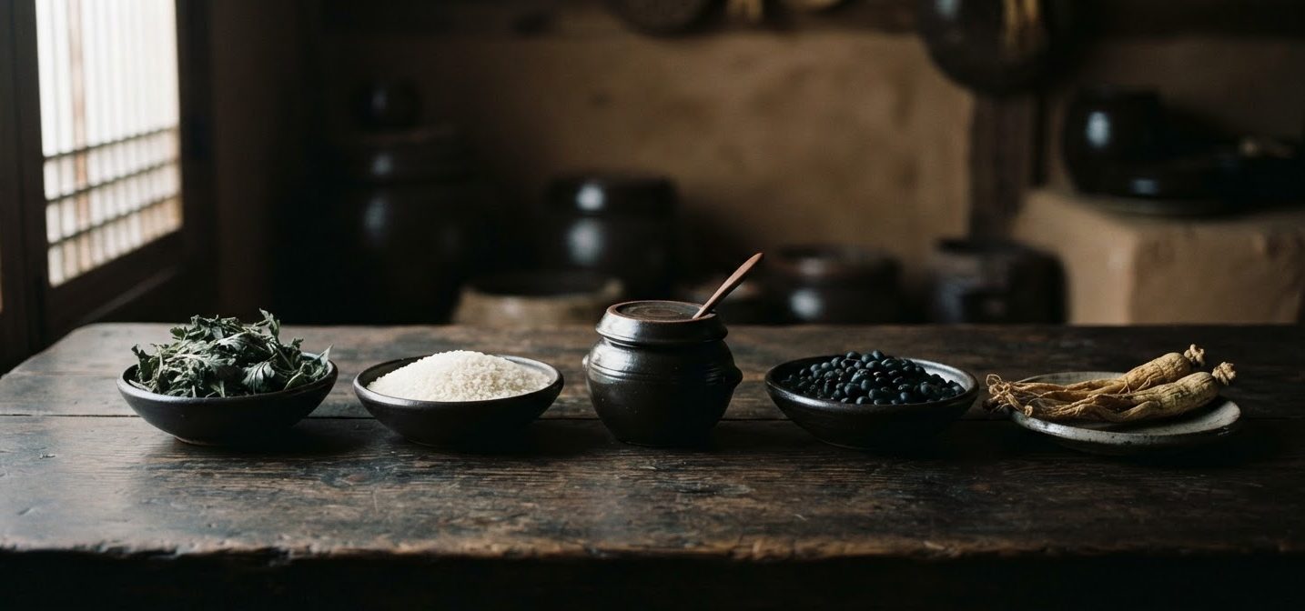 Traditional Korean ingredients on a dark wooden table