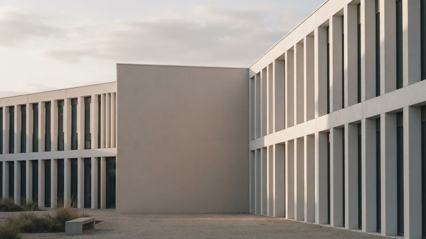 Modern white building facade in soft daylight, representing Korean cosmetics manufacturing