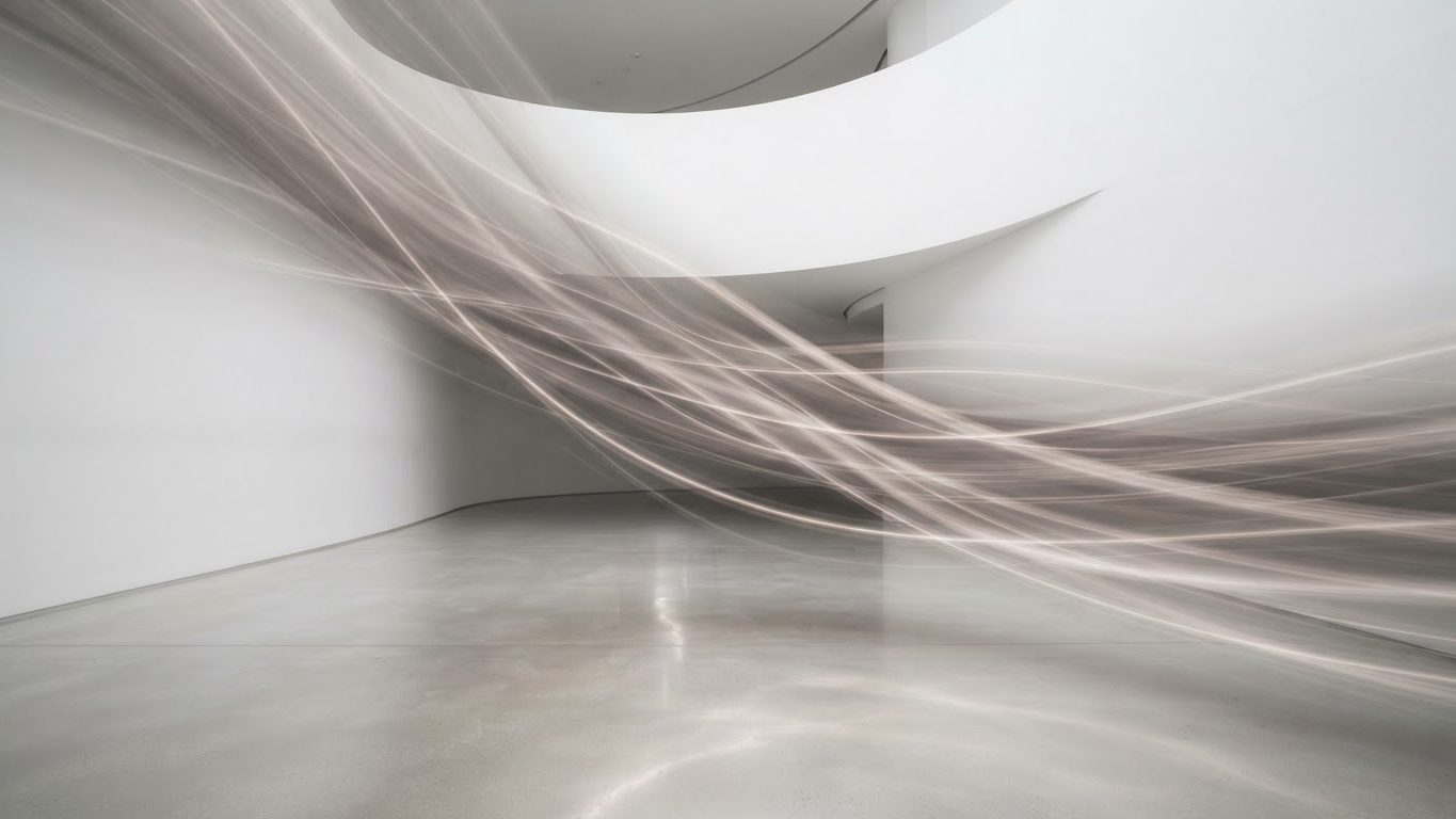 Soft light streaks flowing through a white space, representing fast cosmetics production
