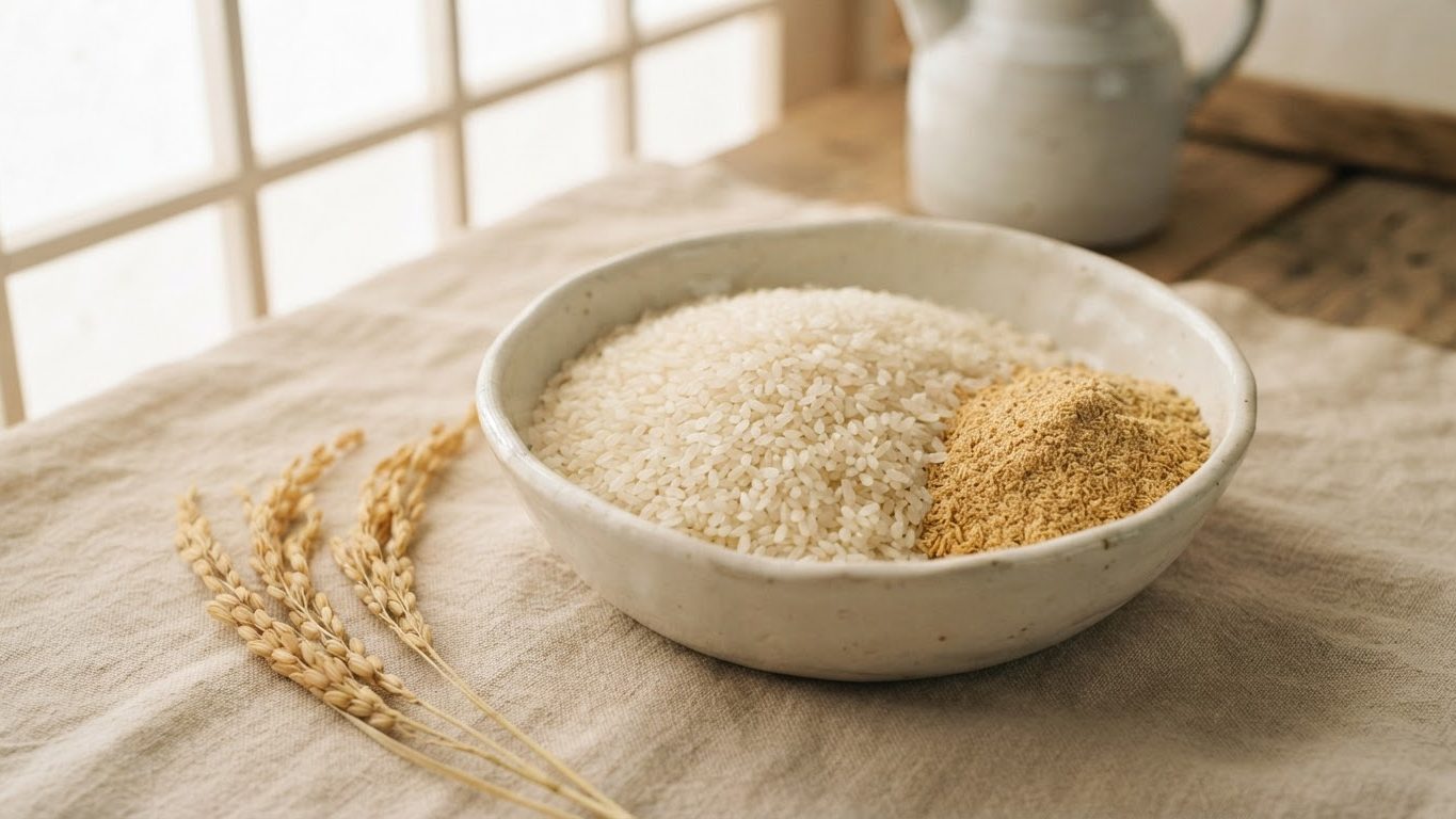Korean rice and rice bran in a ceramic bowl