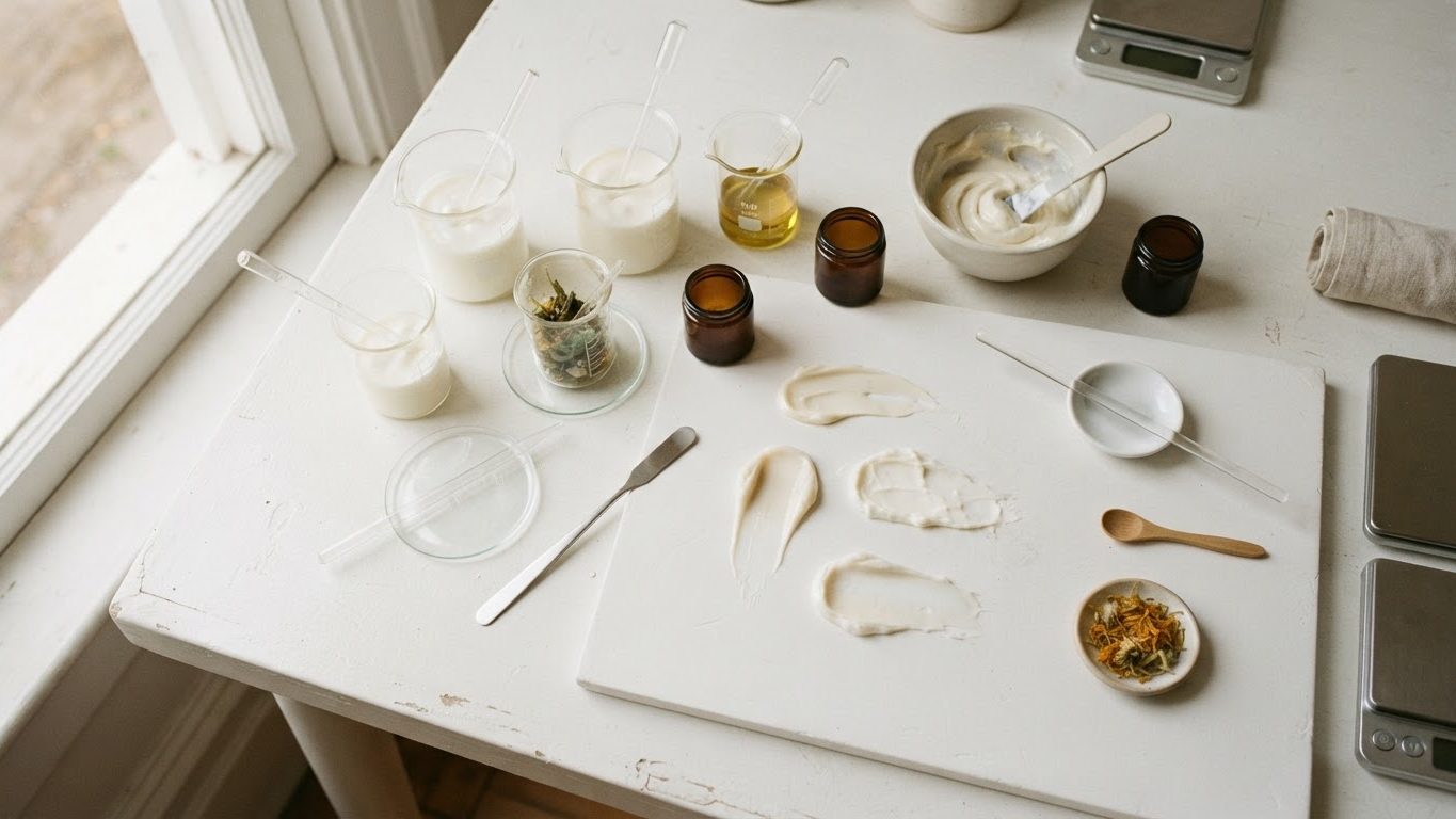 Cosmetic formulation workspace with beakers and texture swatches