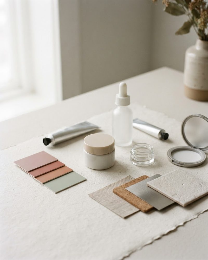 Cosmetic container samples with colour chips for package design