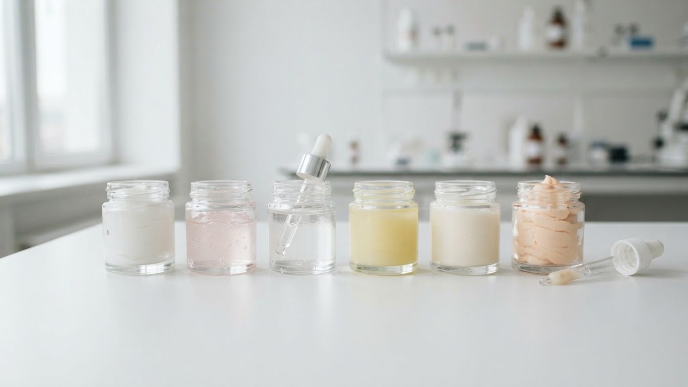 Sample jars of cream, gel and serum textures on a lab bench