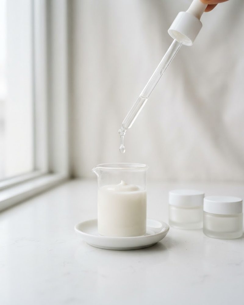 Pipette adding serum to a beaker of cosmetic emulsion