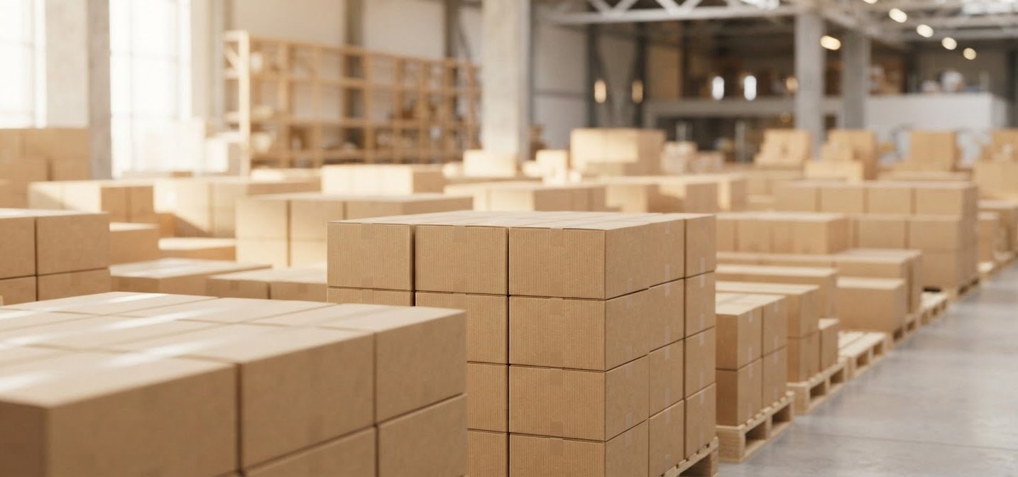 Stacked cardboard boxes in a bright warehouse