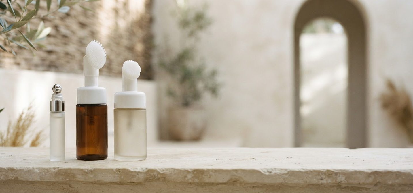 Cosmetic containers with massage applicators on stone