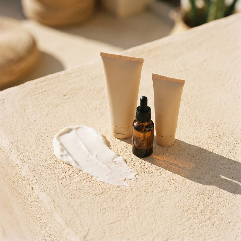 Sunscreen tubes with a sun cream swatch in sunlight