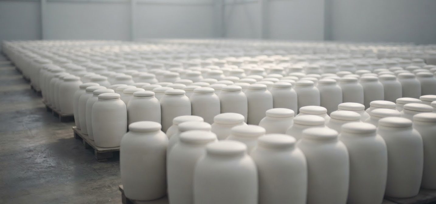 Rows of white cosmetic jars in soft focus