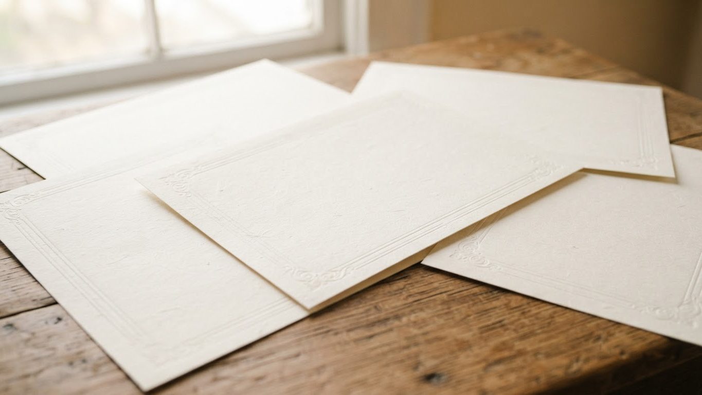 Blank cream paper documents on a wooden table
