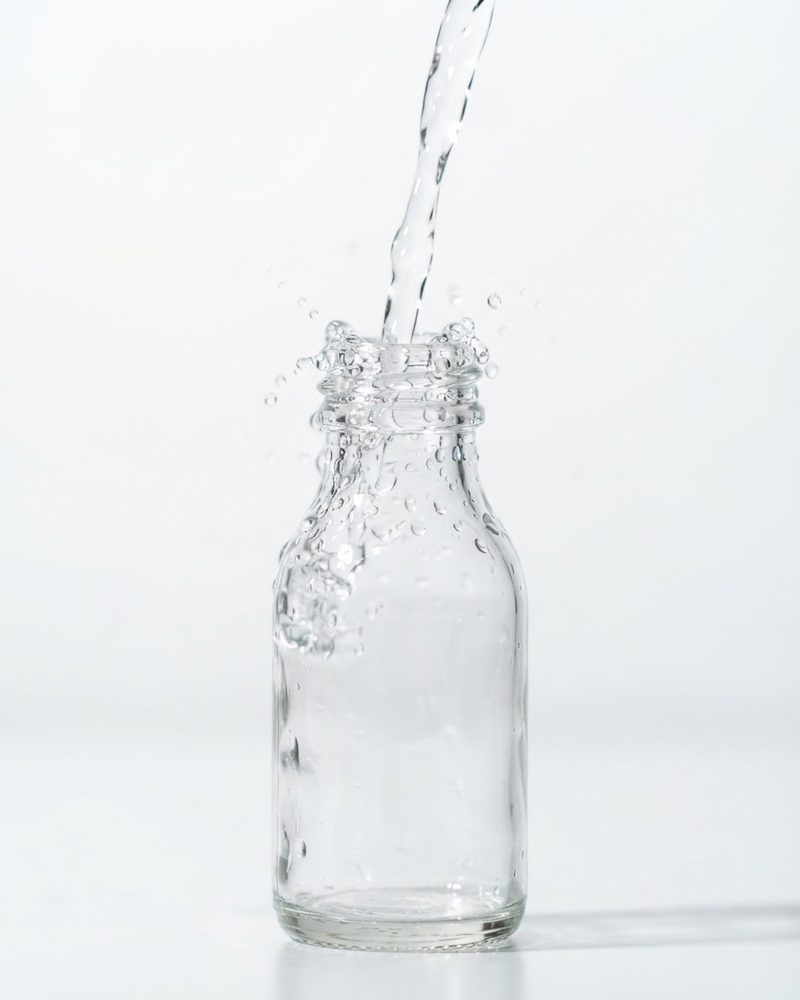 Clear liquid pouring into a glass bottle