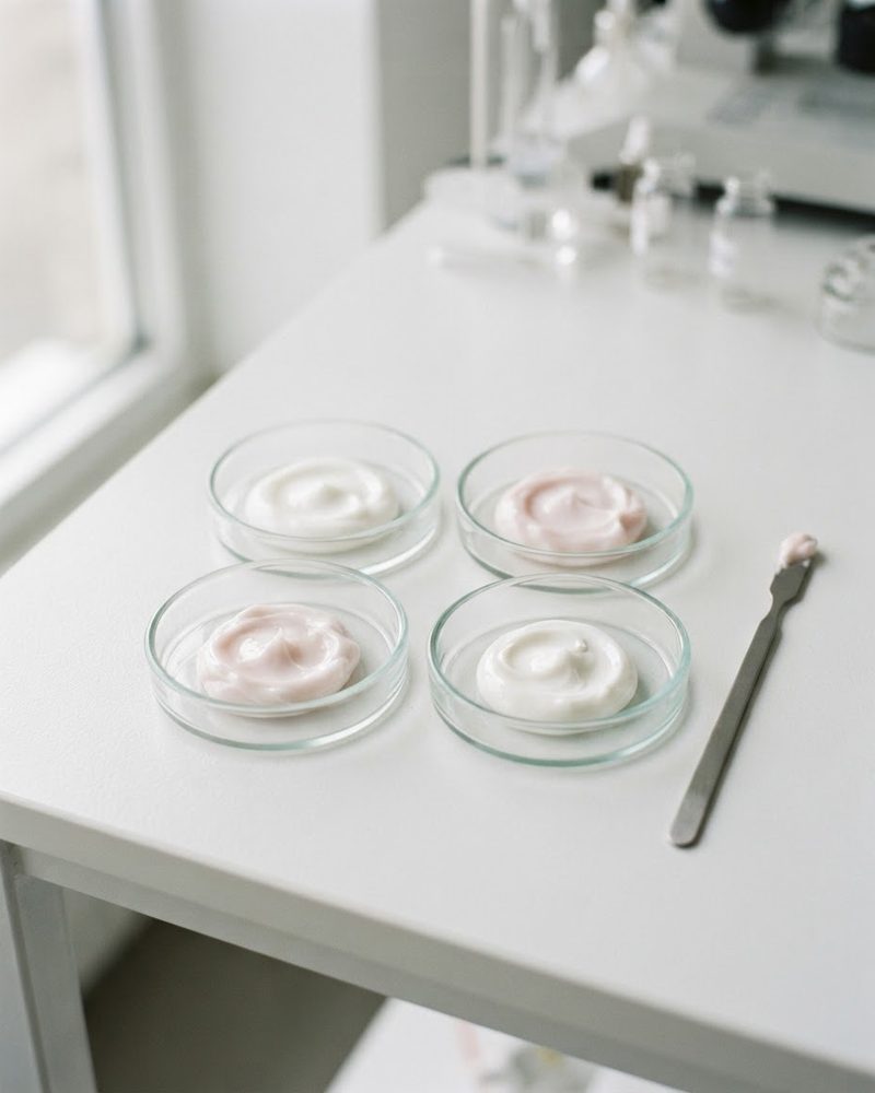 Cream samples in glass petri dishes for quality testing