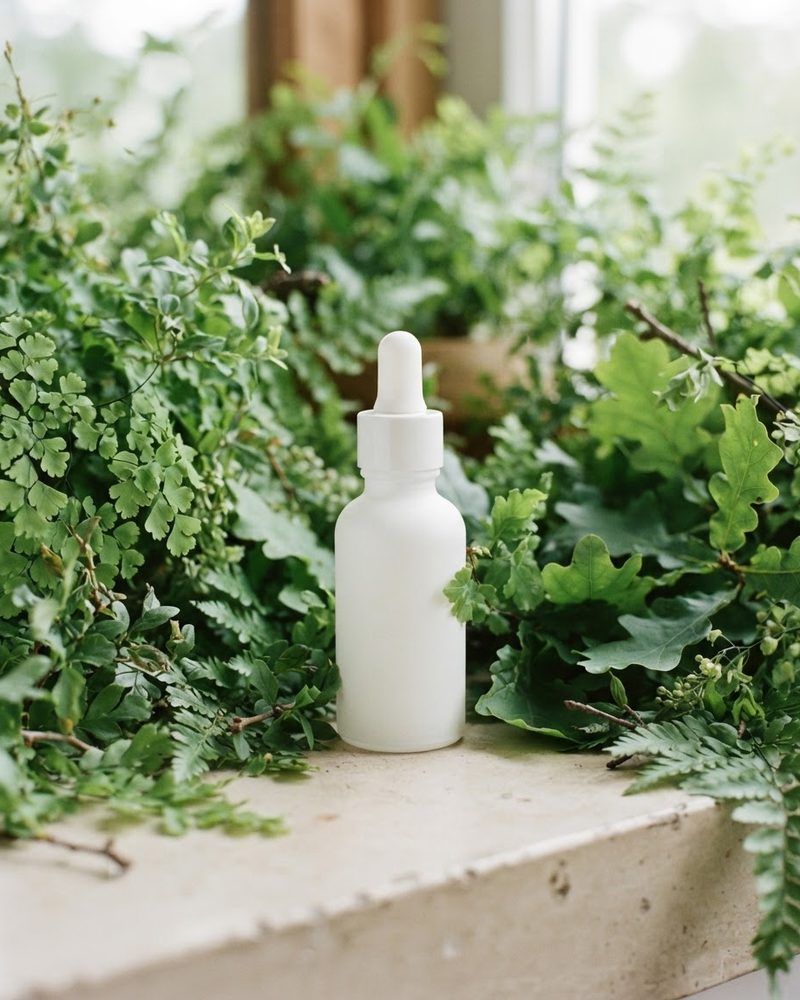White cosmetic bottle surrounded by green plants for vegan cosmetics