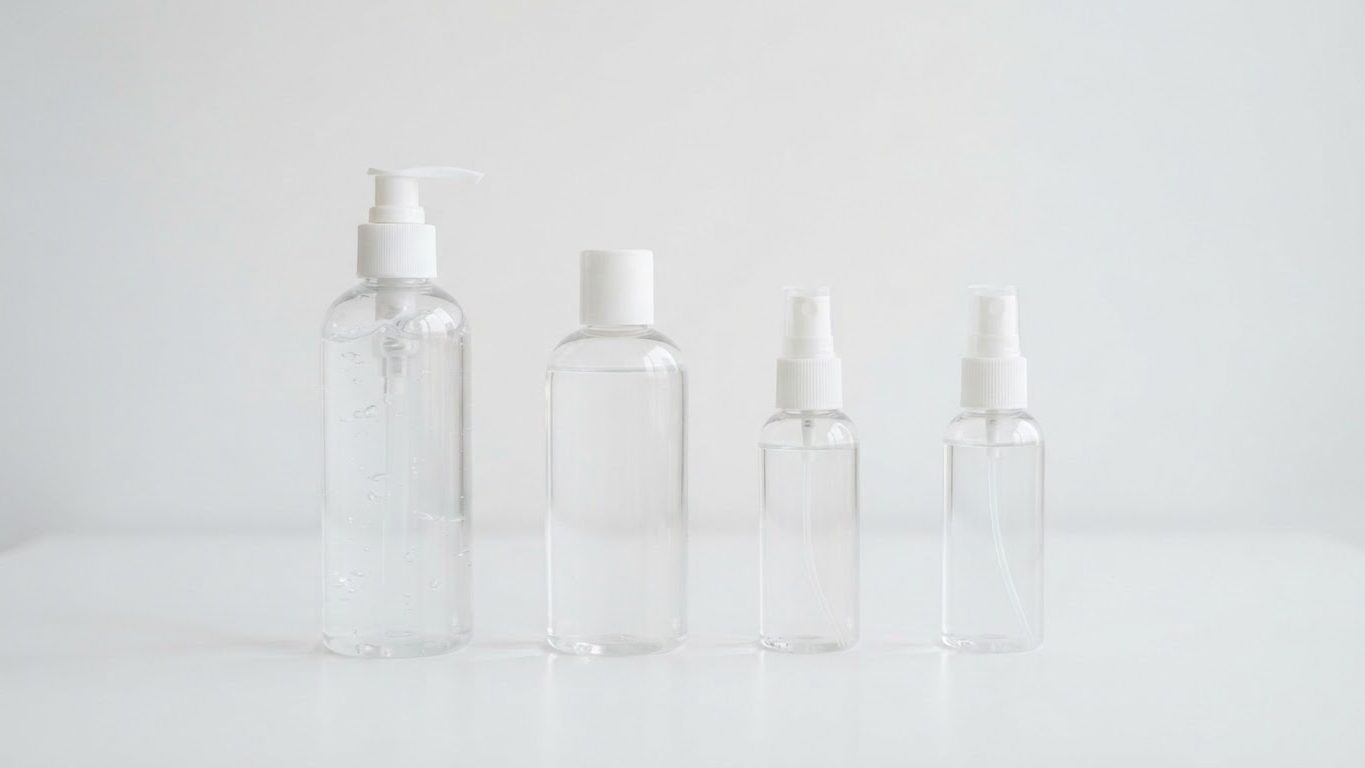 Hand sanitizer gel, liquid and spray bottles