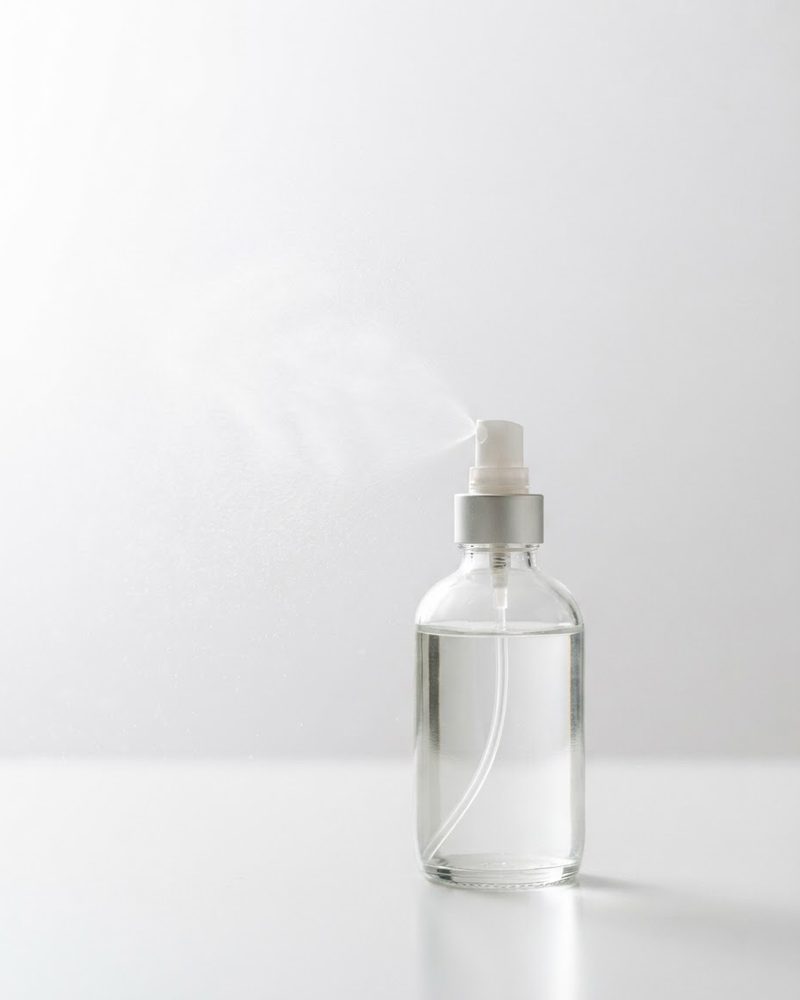 Hand sanitizer spray bottle releasing a fine mist