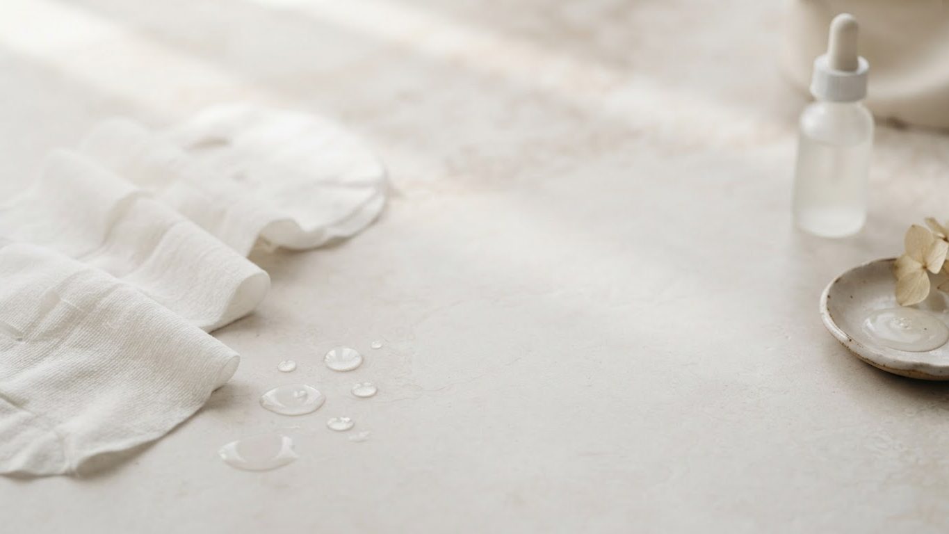White sheet masks and essence drops on stone