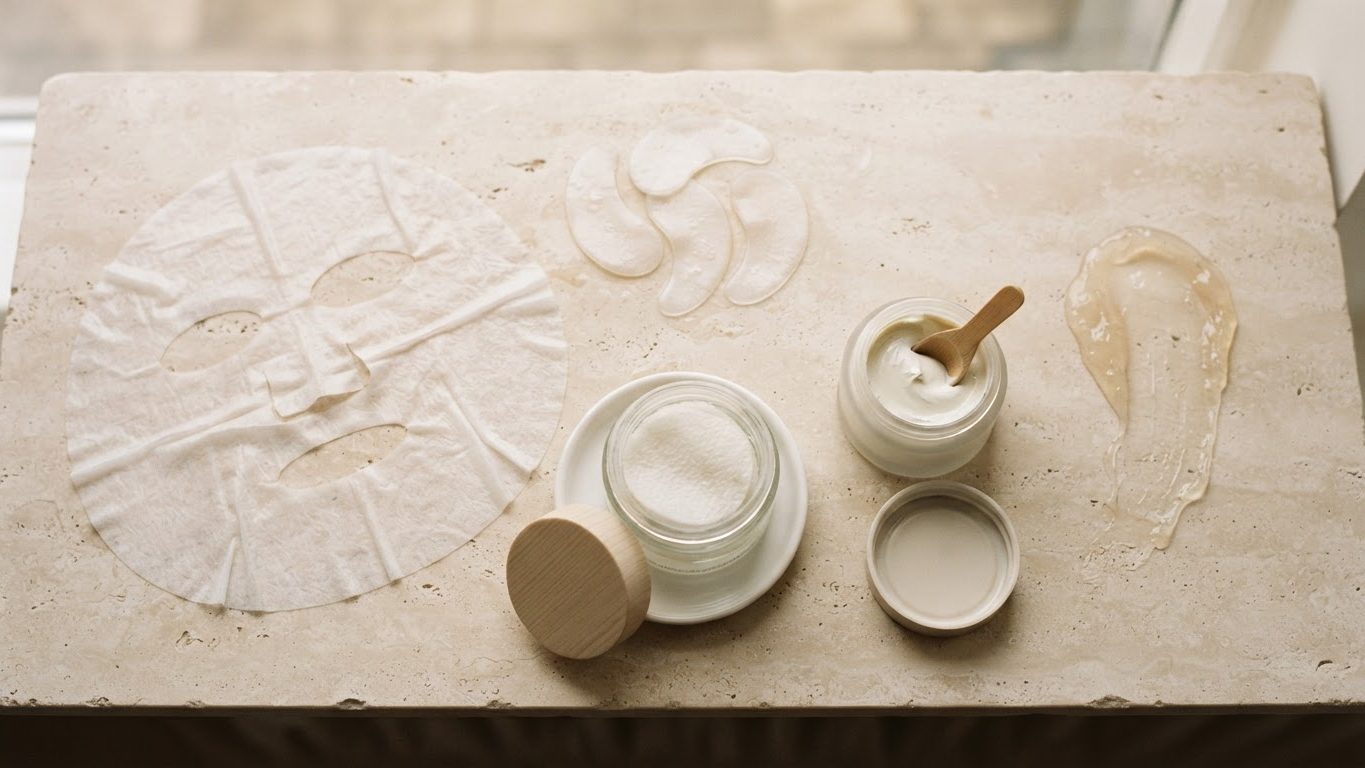 Sheet mask, eye patches, peeling pads and wash-off mask
