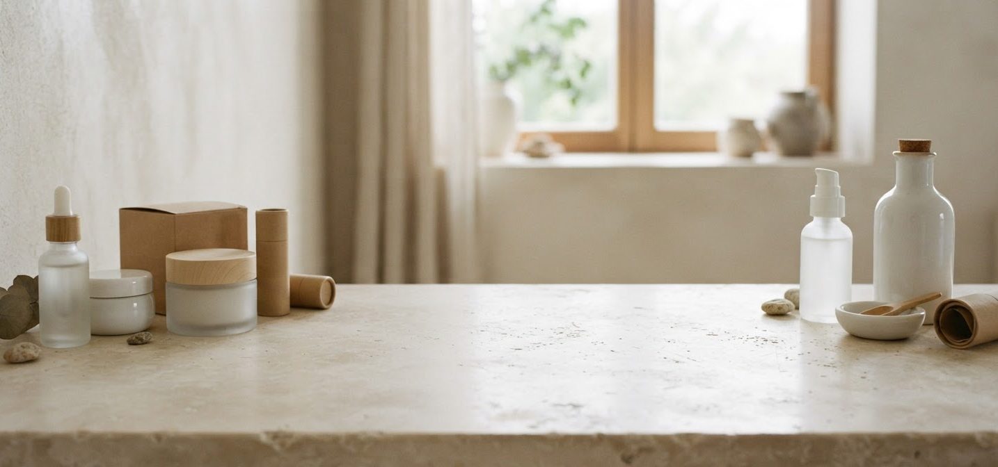 Skincare containers in glass, ceramic and paper on stone