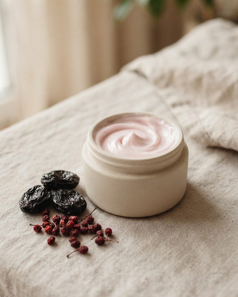 Pink cream jar with plums and schisandra berries