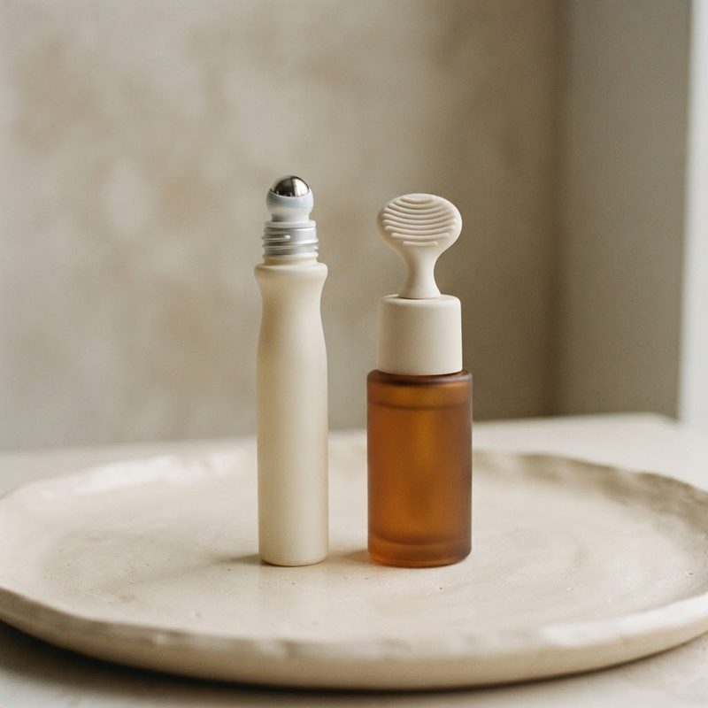 Eye serum with a massage-ball tip and a bottle with a silicone massage head