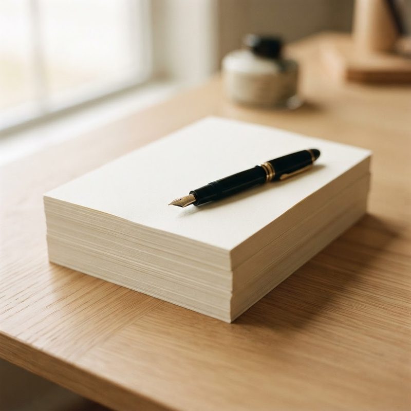 Stack of cream paper documents with a fountain pen