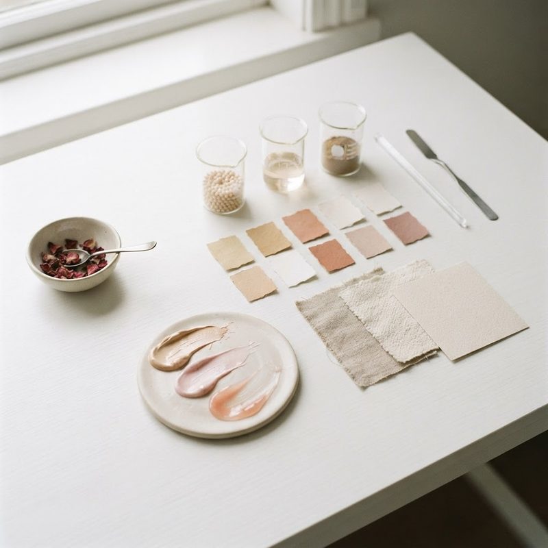 Cosmetic texture swatches, colour chips and beakers for product concept development