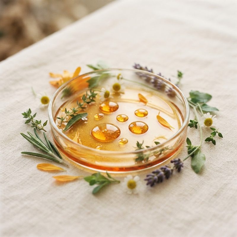 Plant extract droplets in a glass petri dish surrounded by botanicals