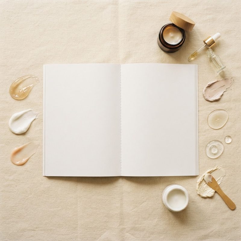 Open magazine surrounded by cosmetic texture swatches