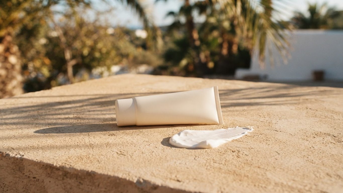 Sunscreen tube and sun cream swatch in sunlight
