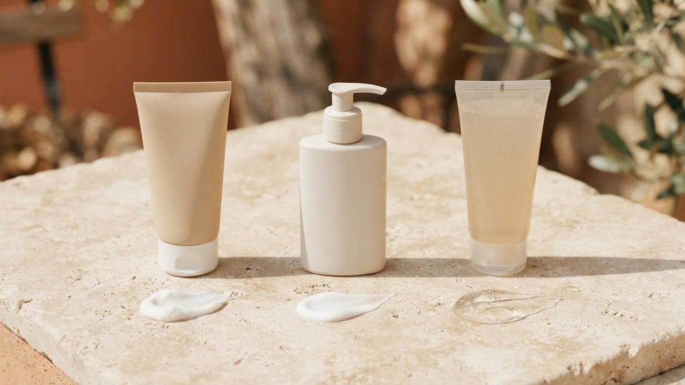 Sun cream, sun lotion and sun gel with texture swatches