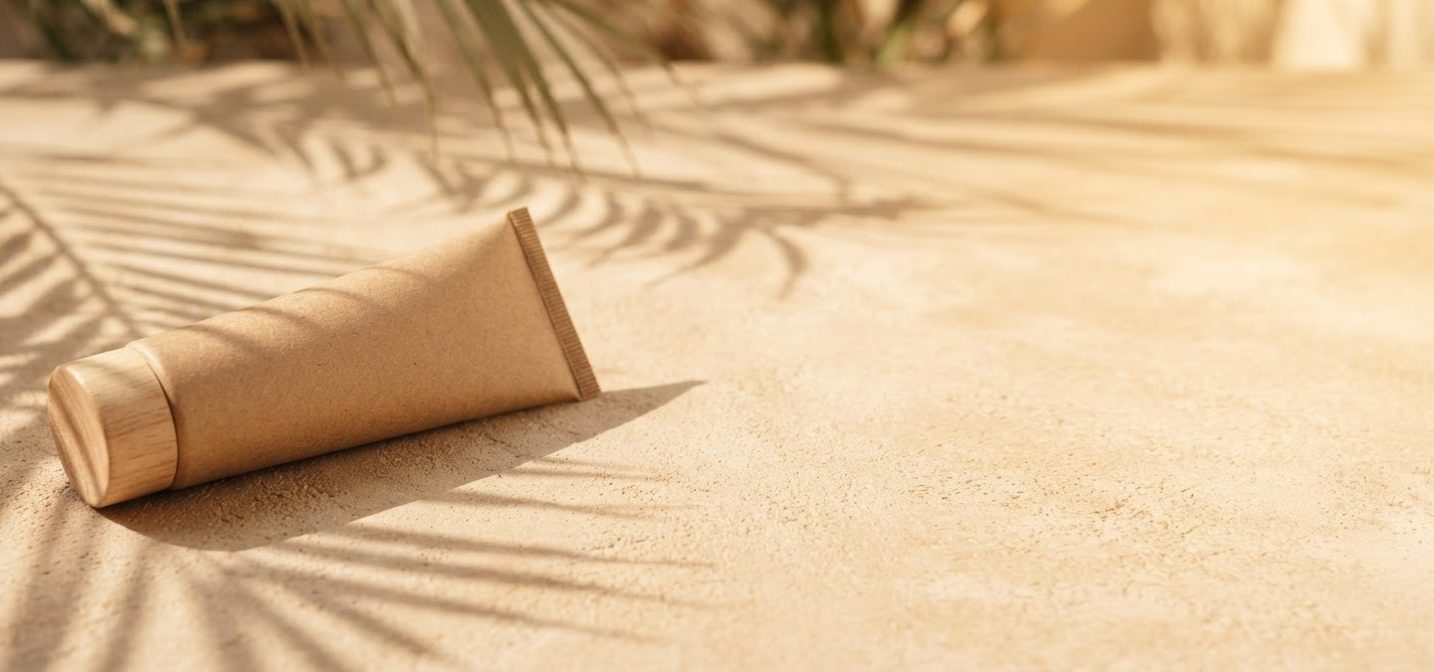 Paper-textured sunscreen tube in palm leaf shadows
